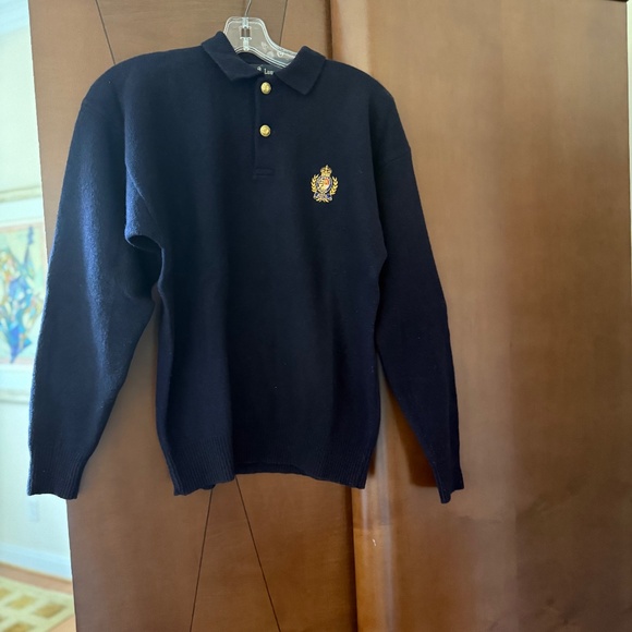 VTG Polo Ralph Lauren Blue Collared Crest Two Button Lambswool Sweater Men’s M - Picture 1 of 11